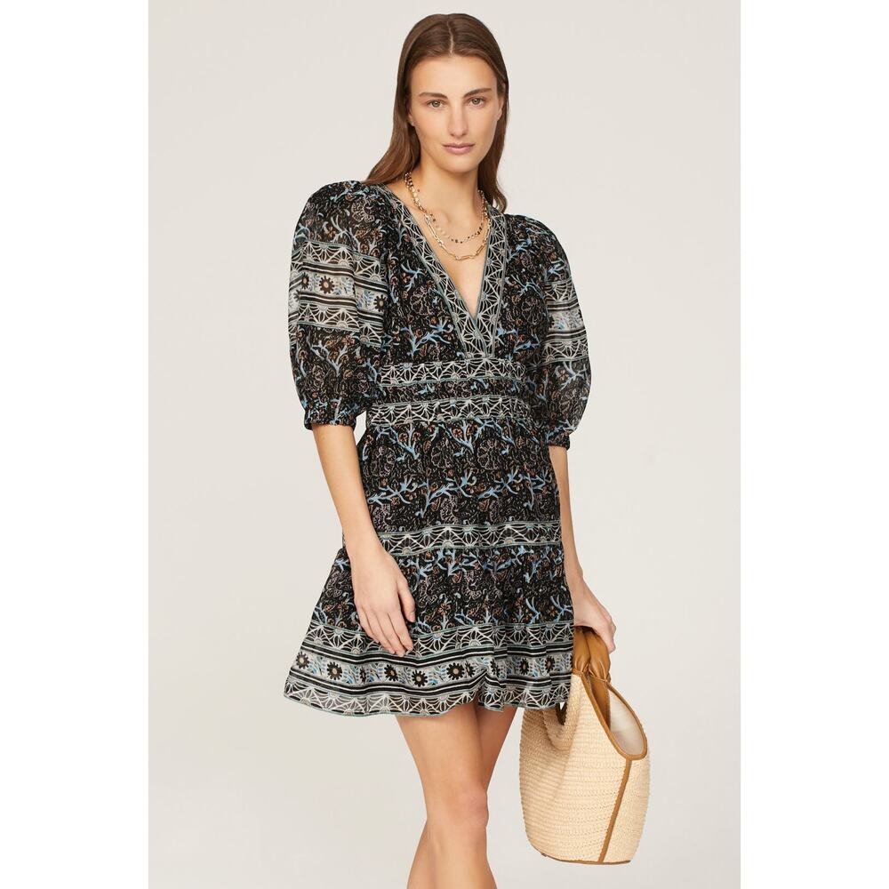 Sea New York Marlee Dress *BROKEN ZIP Black Print‎ Mini V-Neck Puff Sleeve Sz L